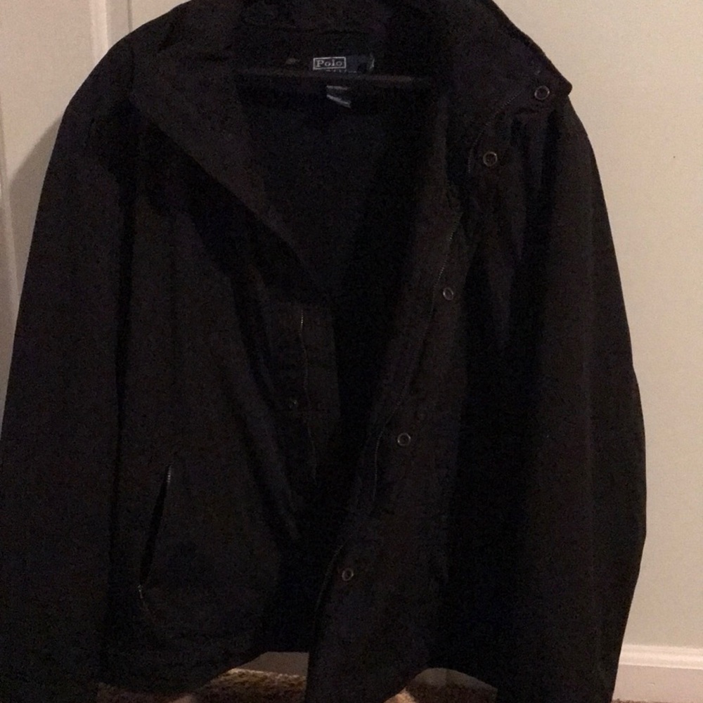 Worn once! Polo Mens XXL black weather proof fleece lined jacket with hood
